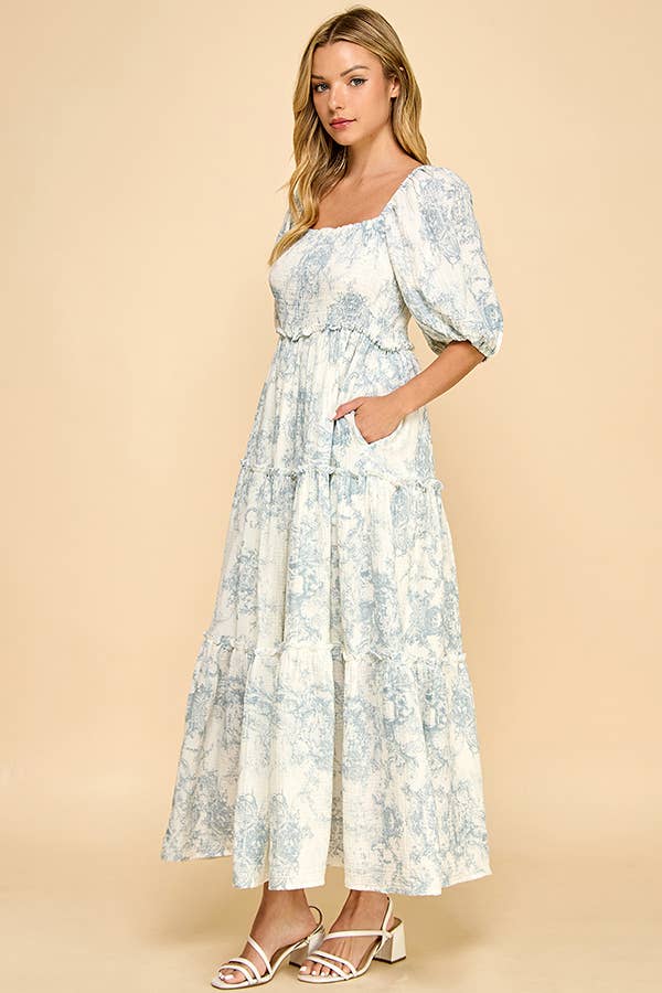 Hattie Puff Blue Vintage Print Tiered Maxi Dress
