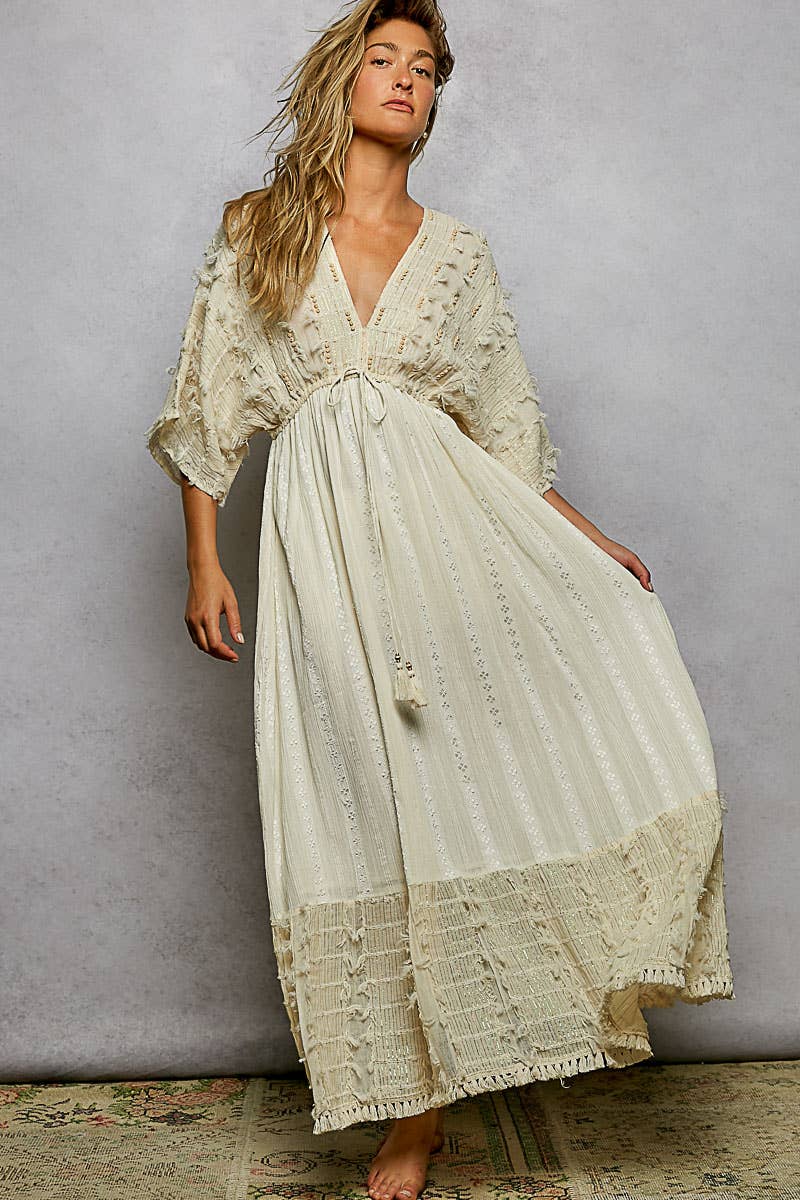 V-neck Metal Button Down Textured Linen Solid Maxi Dress