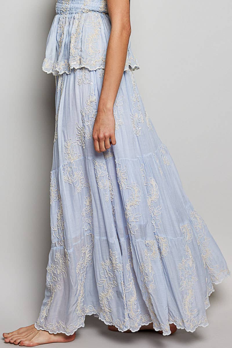 Embroidered Viscose Smocked Waistband Maxi Skirt