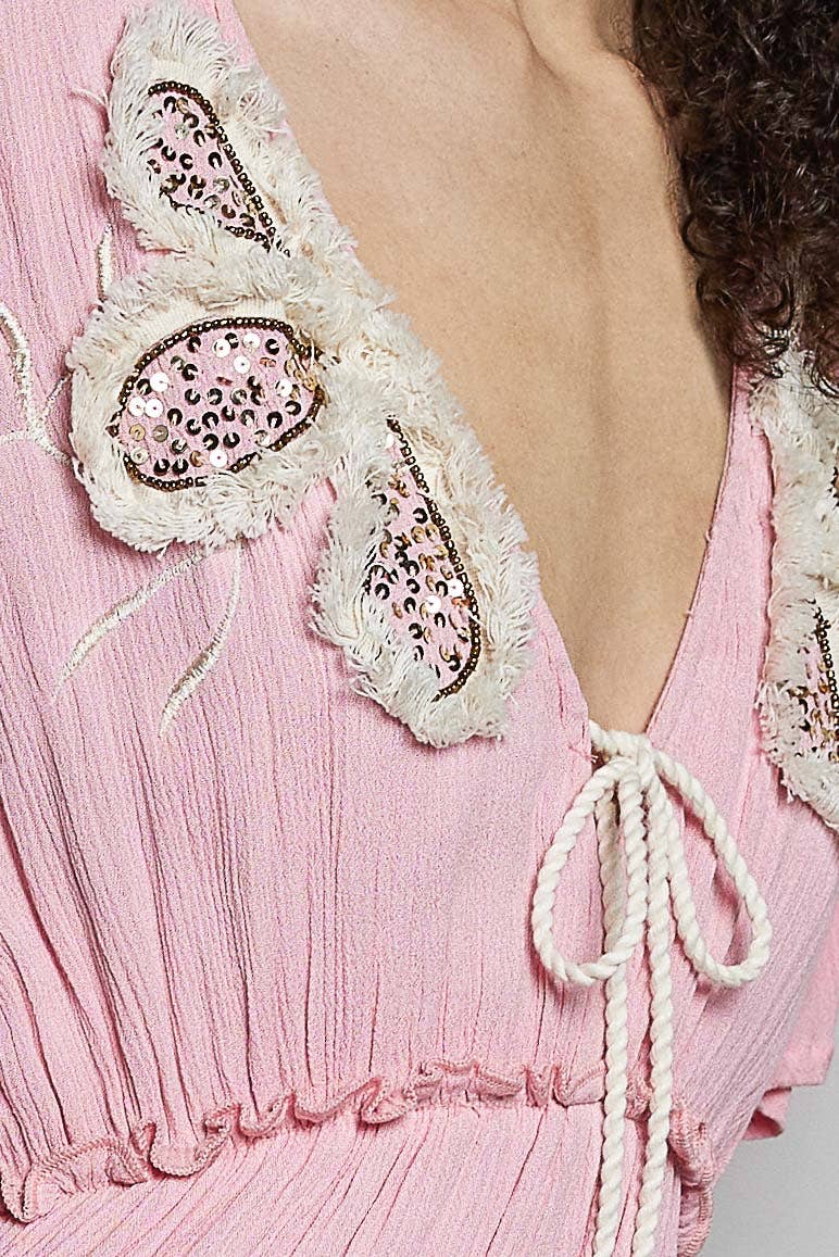Ruffle Trim V-neck Embroidery Sequins Tassel Long Dress