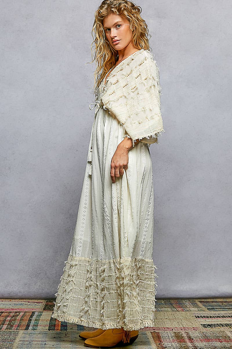 V-neck Metal Button Down Textured Linen Solid Maxi Dress