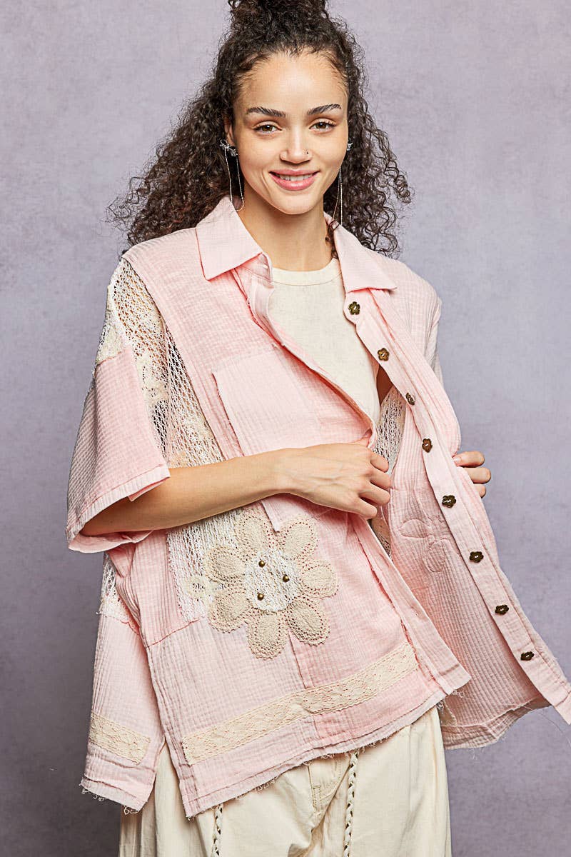 Collared Studded Button-down Short Sleeve Knit Shirt Top
