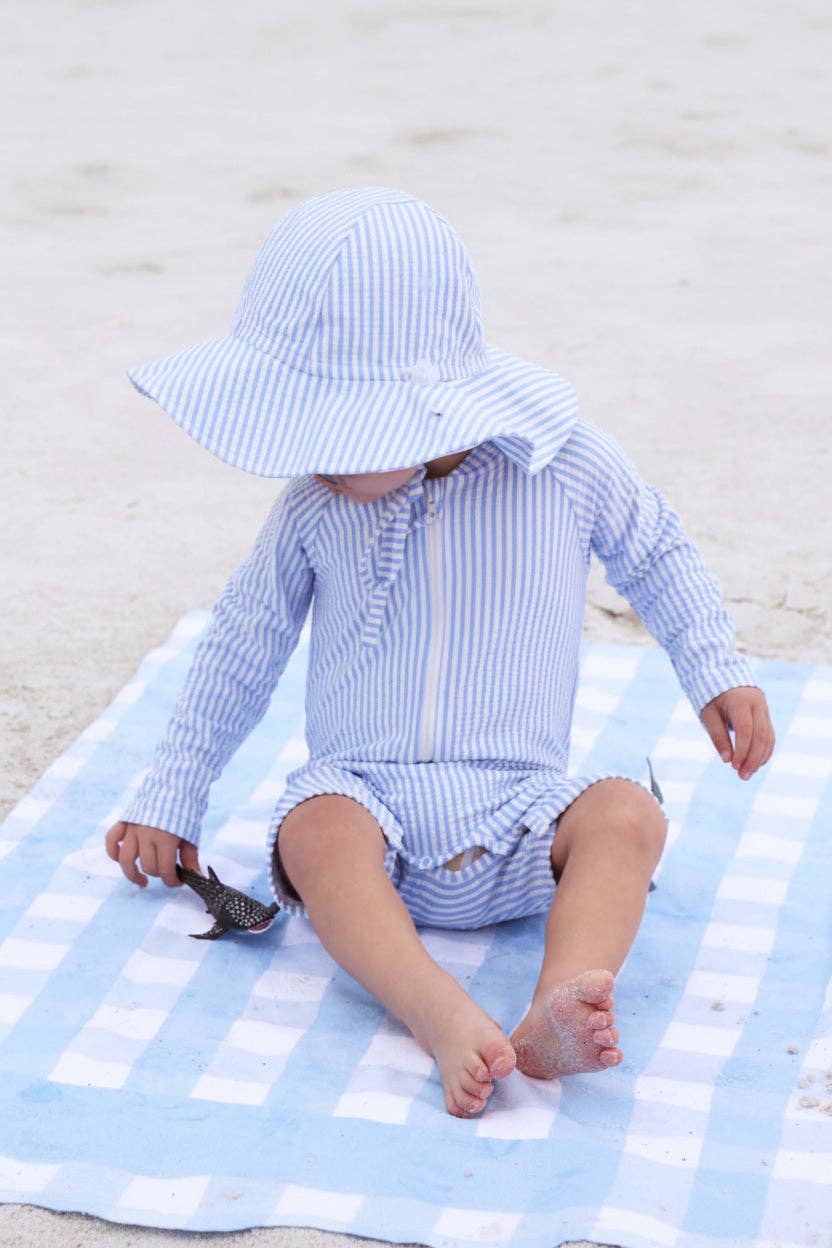 Long Sleeve Rash Guard Swim Romper Shortie | Seersucker Blue Wholesale