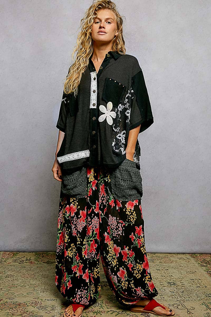 Collared Studded Button-down Short Sleeve Knit Shirt Top