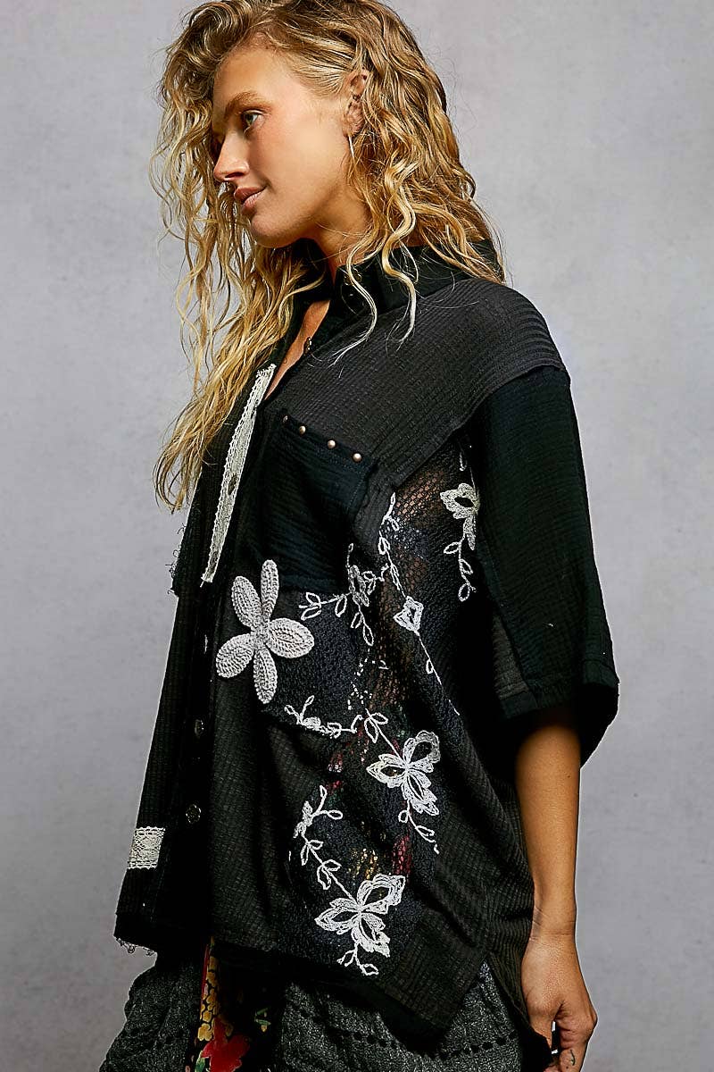 Collared Studded Button-down Short Sleeve Knit Shirt Top