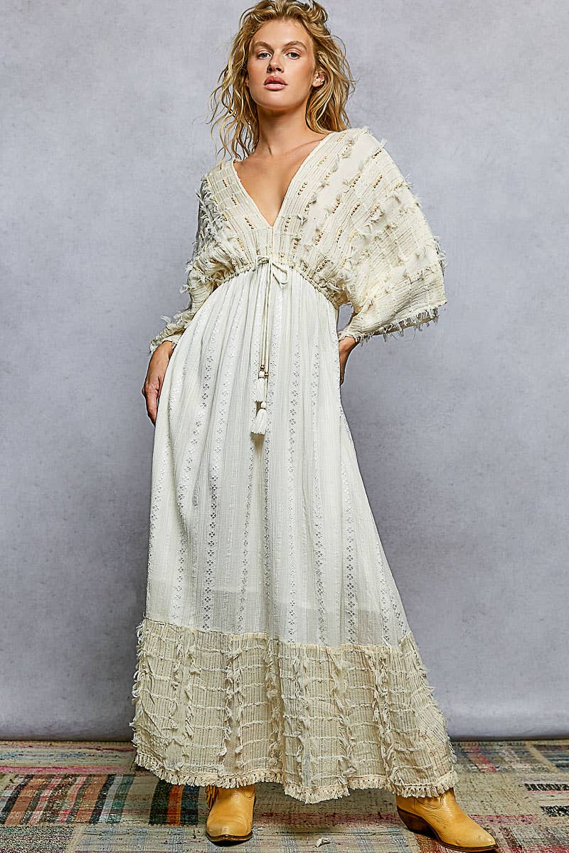 V-neck Metal Button Down Textured Linen Solid Maxi Dress