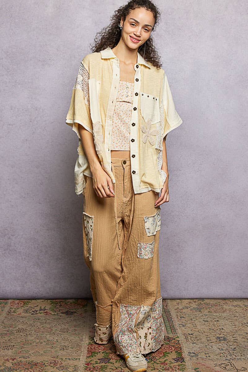 Collared Studded Button-down Short Sleeve Knit Shirt Top
