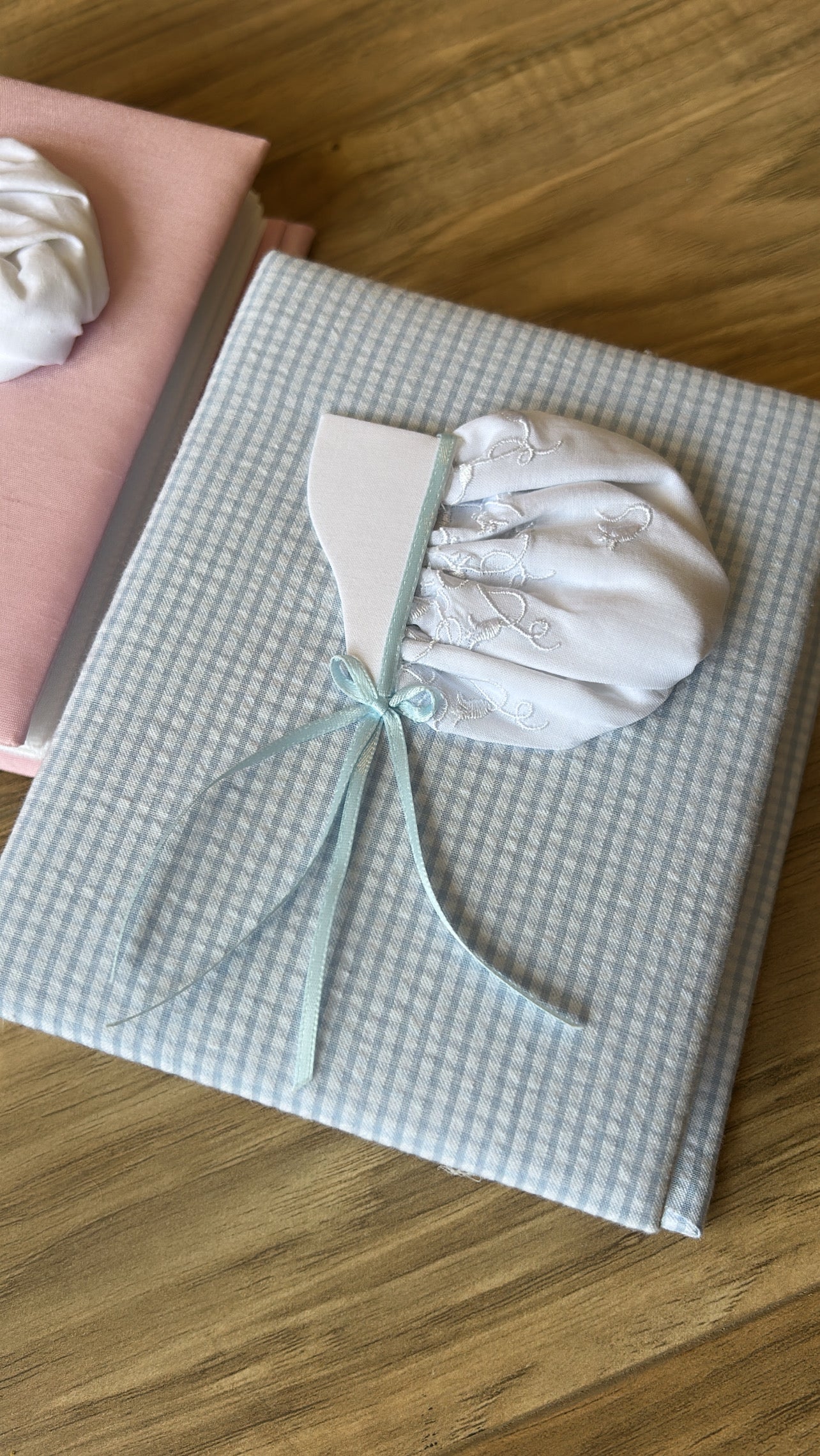Small Photo Album-Swiss Boy Bonnet on Seersucker Check