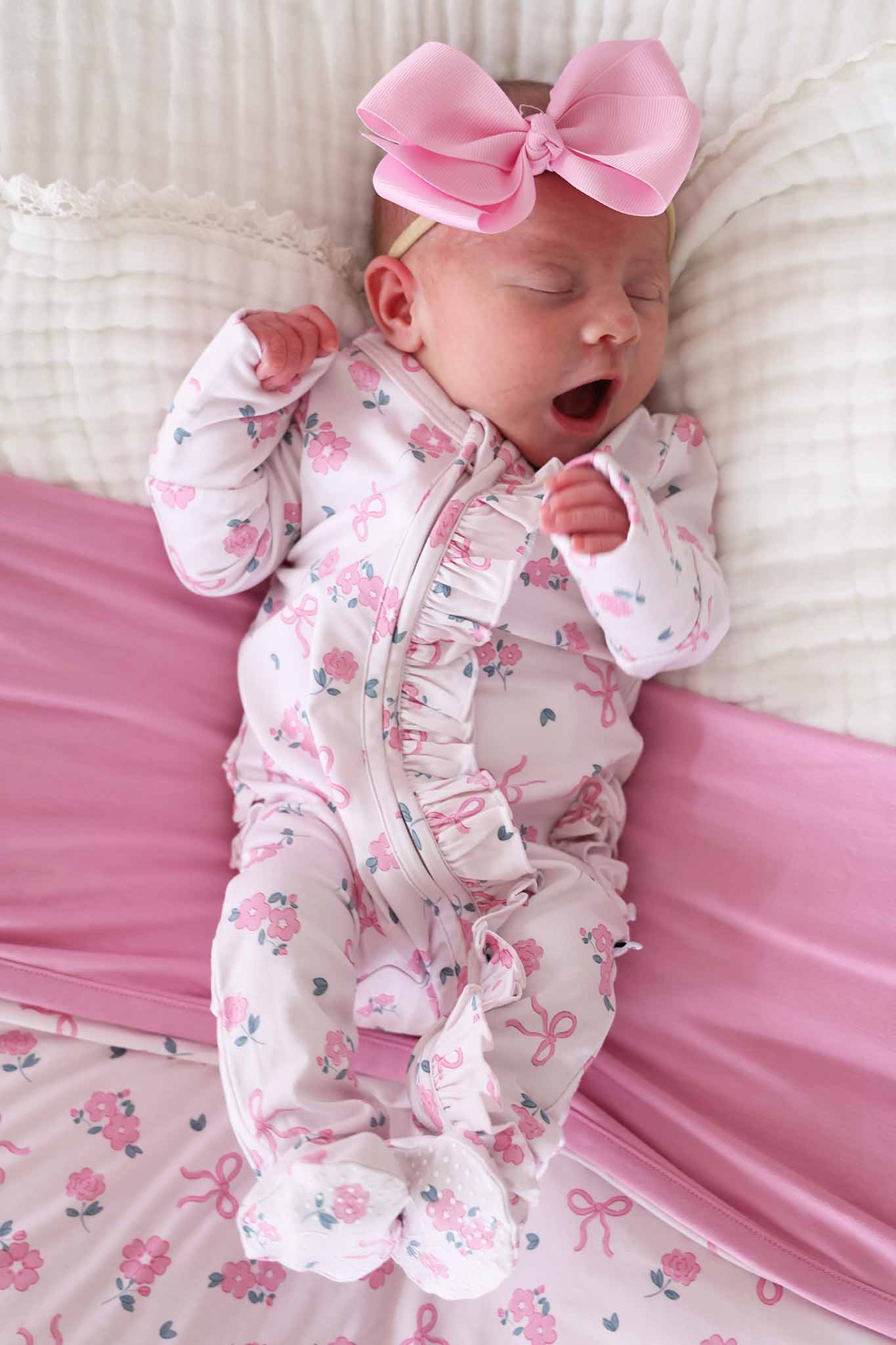 Ribbon & Roses Ruffle Zipper Footie | Pink