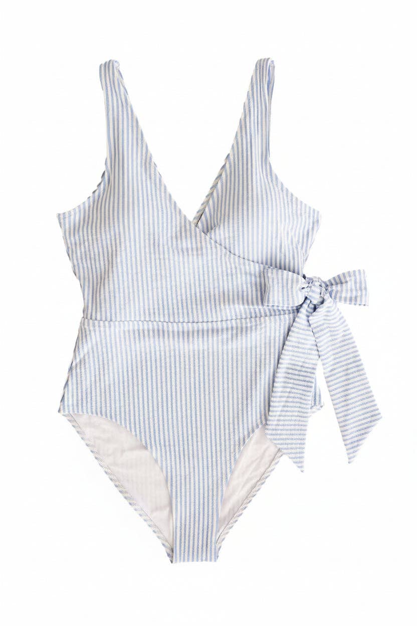 Women's Criss Cross One-Piece Swimsuit | Seersucker Blue