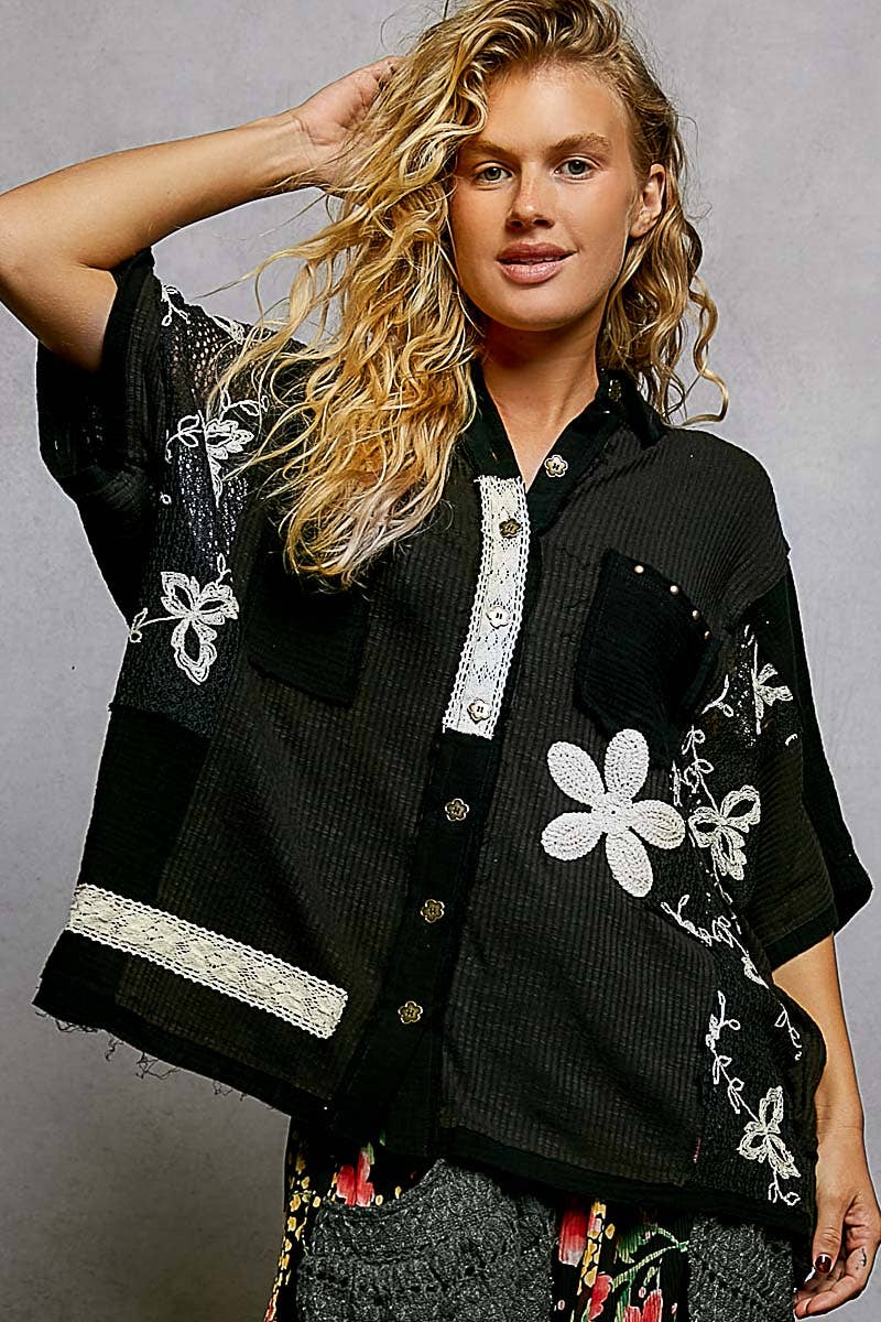 Collared Studded Button-down Short Sleeve Knit Shirt Top