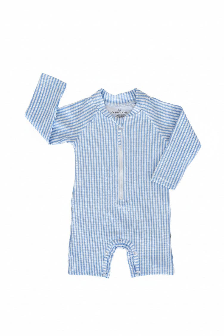 Long Sleeve Rash Guard Swim Romper Shortie | Seersucker Blue Wholesale