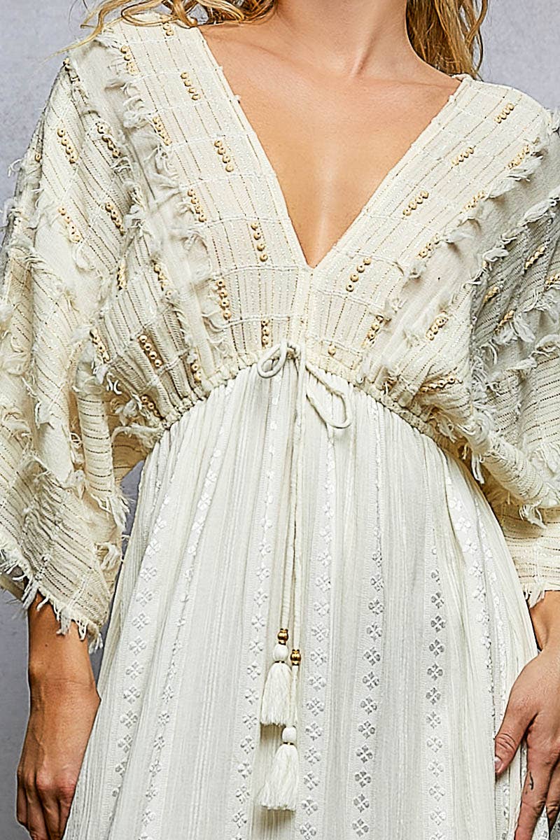 V-neck Metal Button Down Textured Linen Solid Maxi Dress