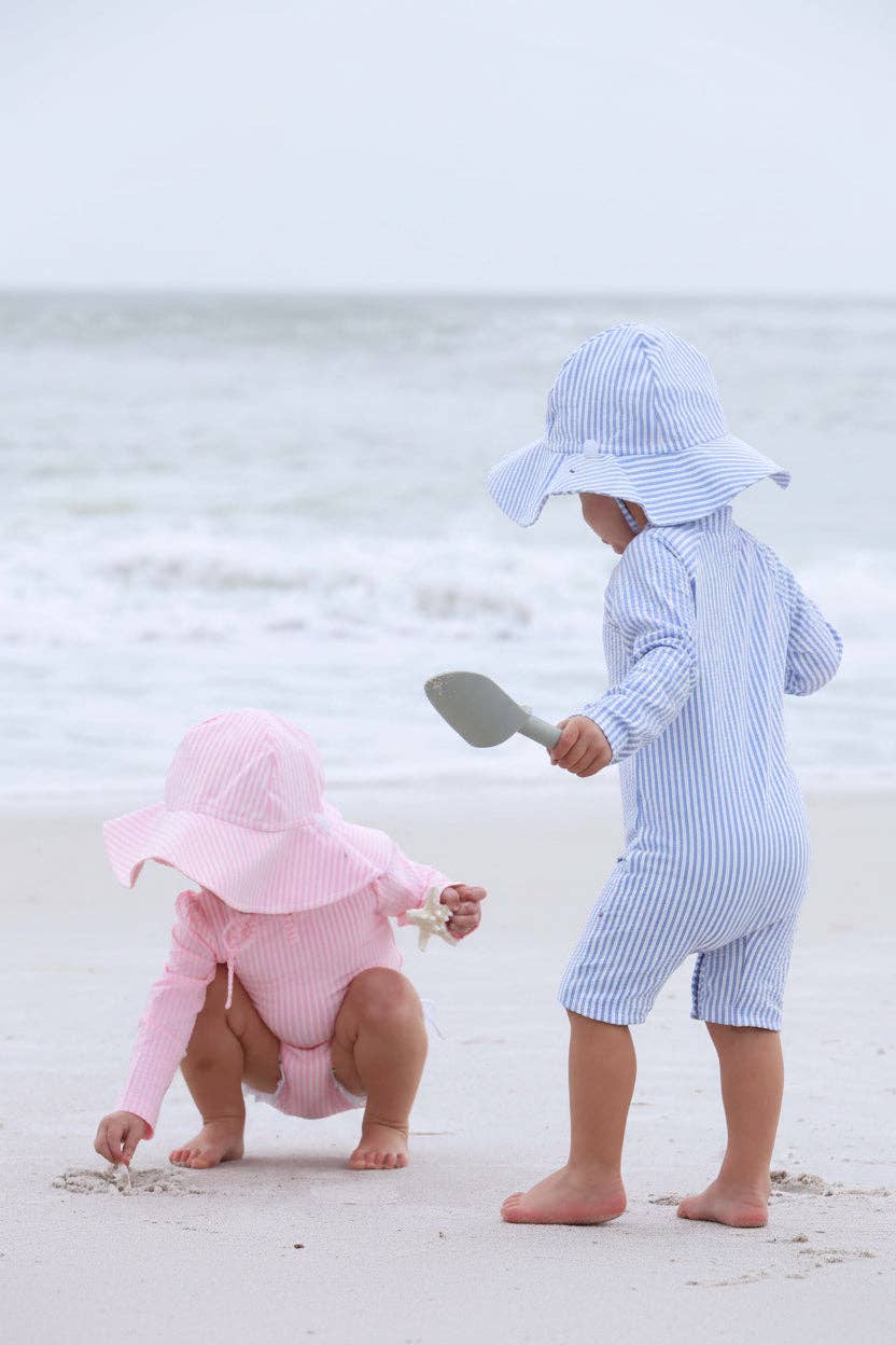 Long Sleeve Rash Guard Swim Romper Shortie | Seersucker Blue Wholesale