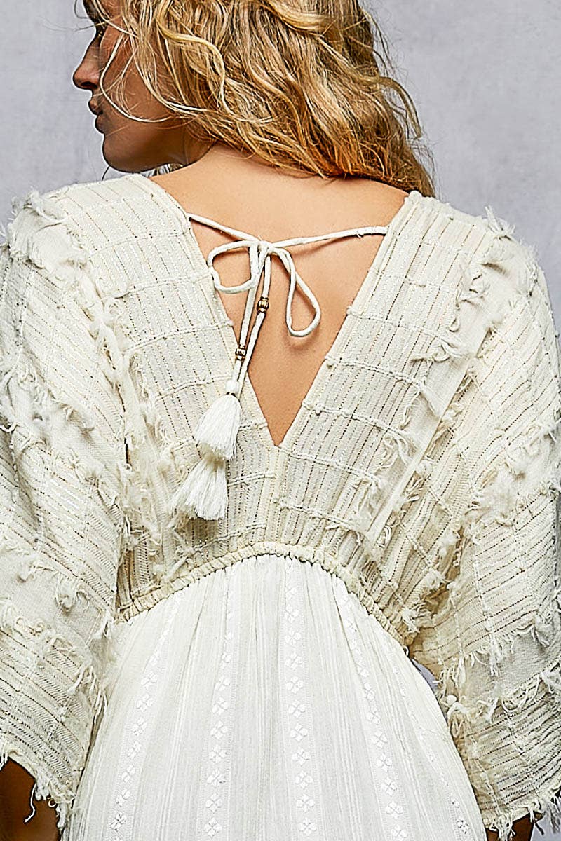 V-neck Metal Button Down Textured Linen Solid Maxi Dress