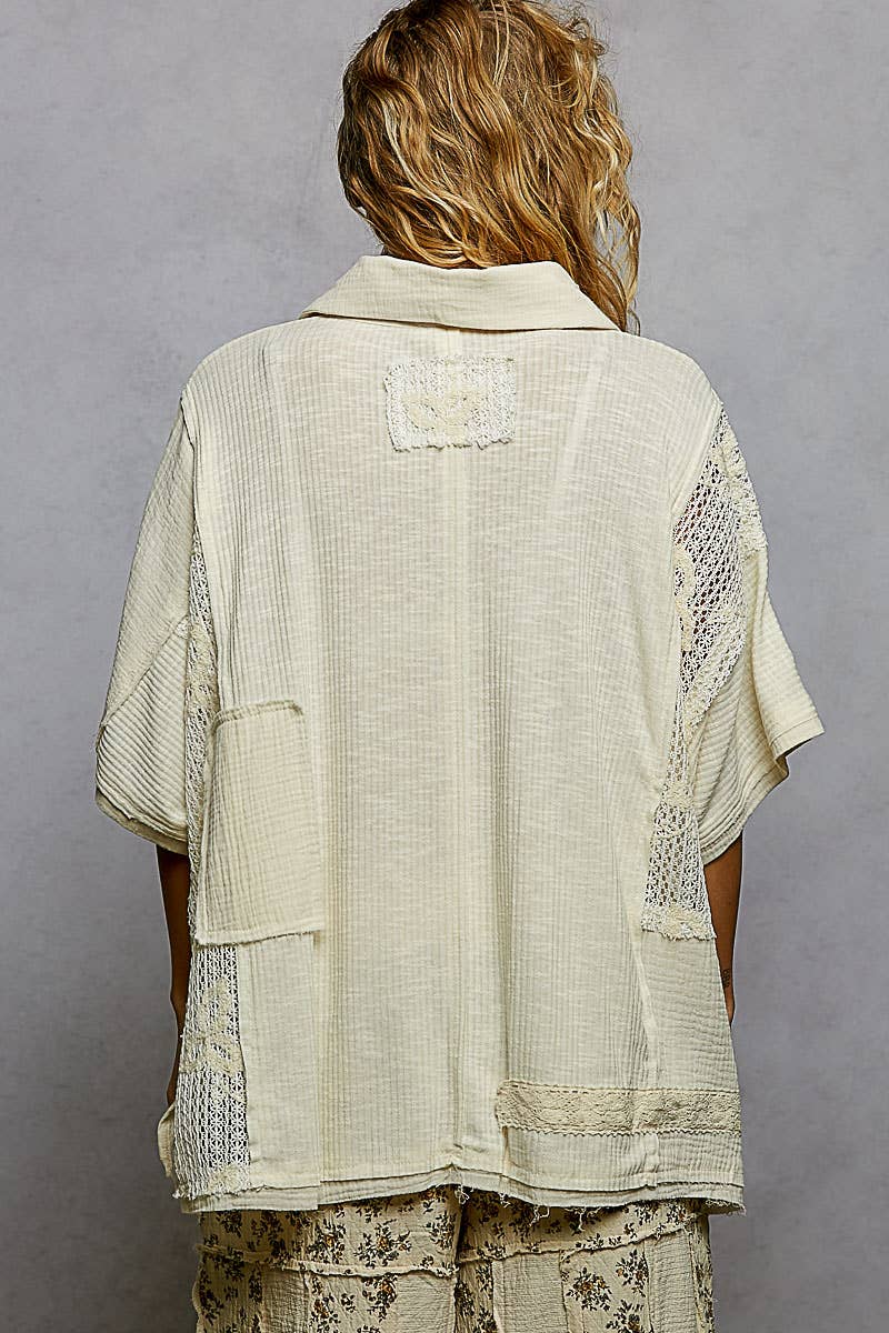 Collared Studded Button-down Short Sleeve Knit Shirt Top
