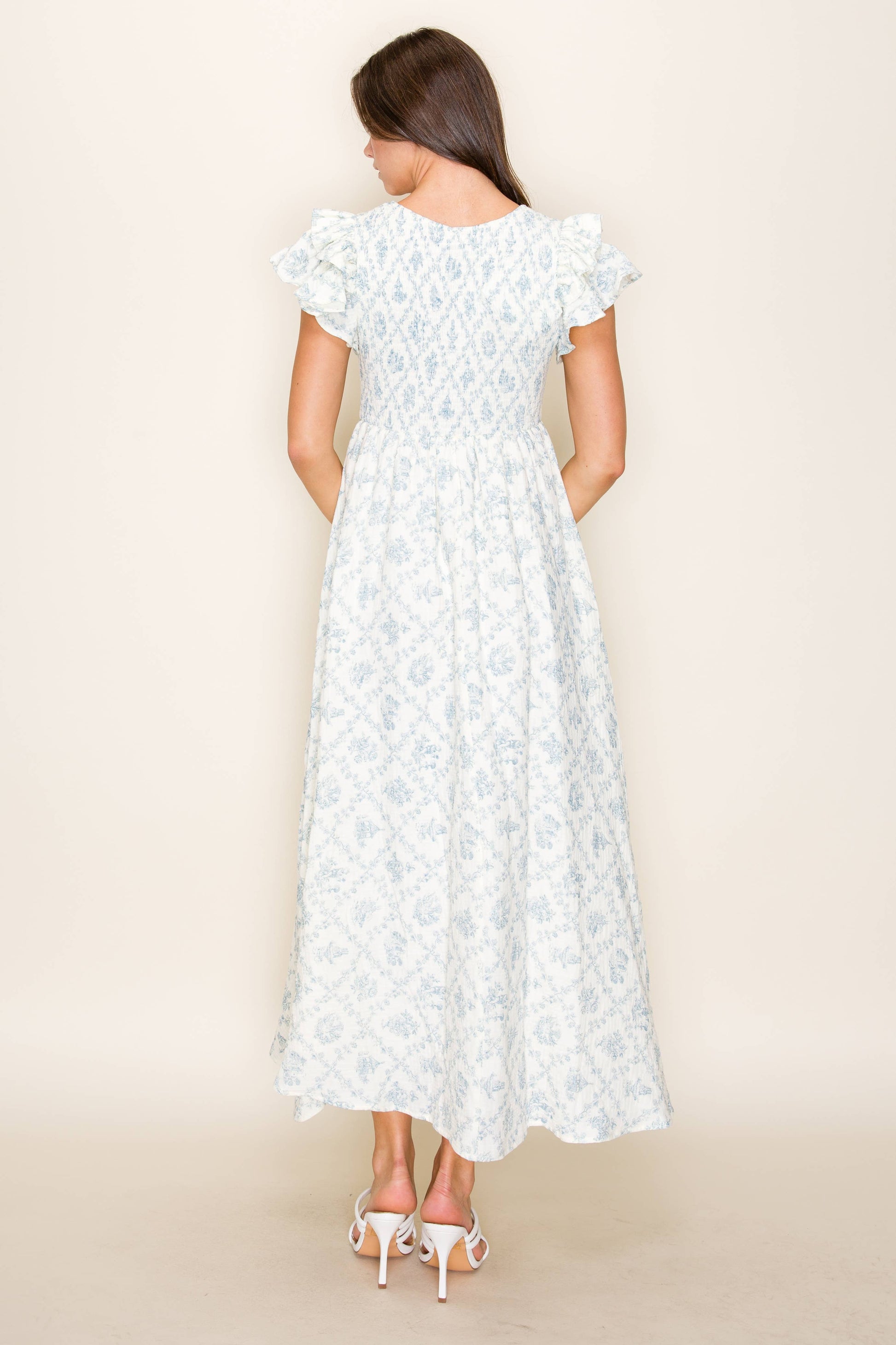 Porcelain Print Ruffle Maxi Midi Dress - BLUE