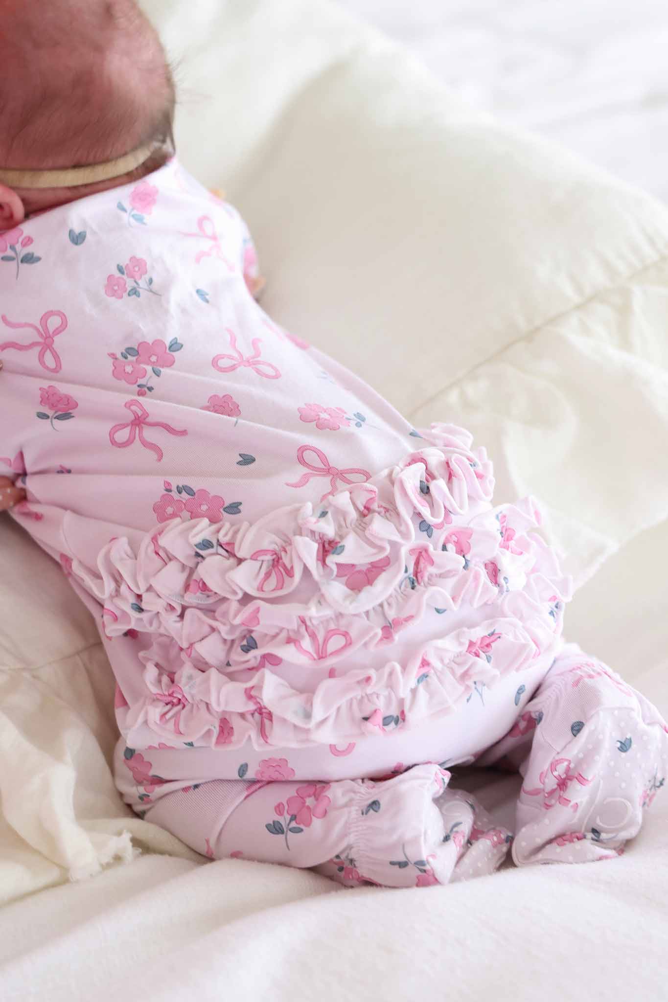 Ribbon & Roses Ruffle Zipper Footie | Pink
