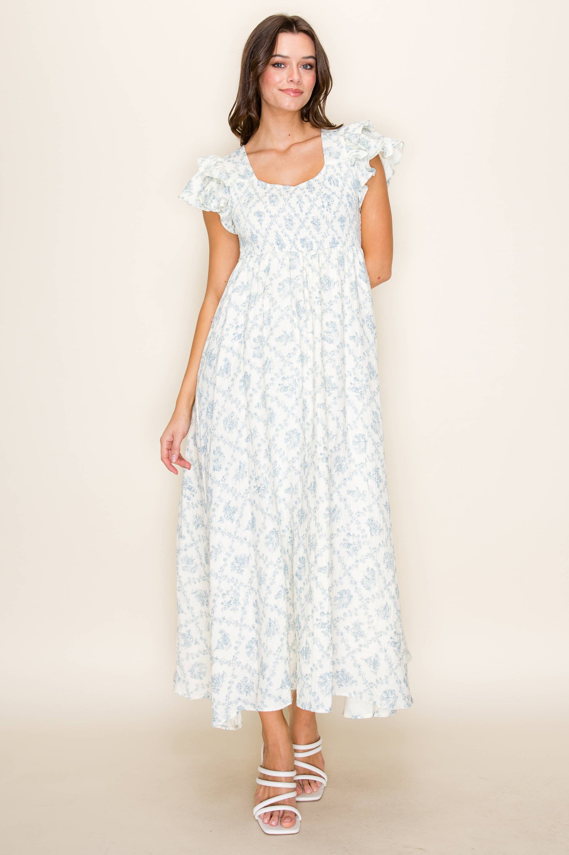 Porcelain Print Ruffle Maxi Midi Dress - BLUE