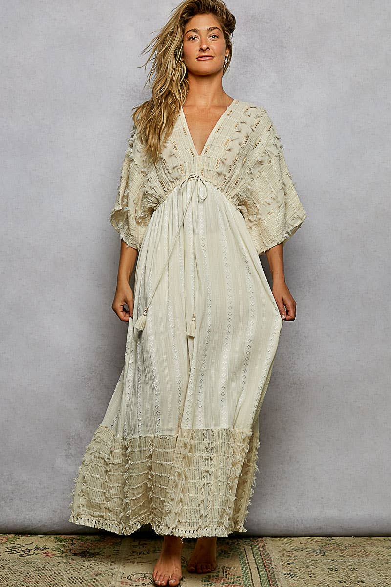 V-neck Metal Button Down Textured Linen Solid Maxi Dress