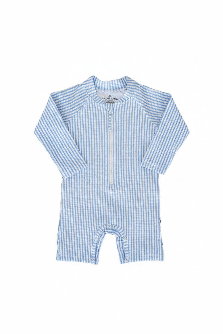 Long Sleeve Rash Guard Swim Romper Shortie | Seersucker Blue Wholesale