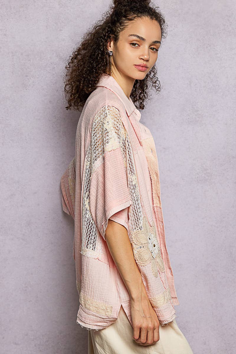 Collared Studded Button-down Short Sleeve Knit Shirt Top
