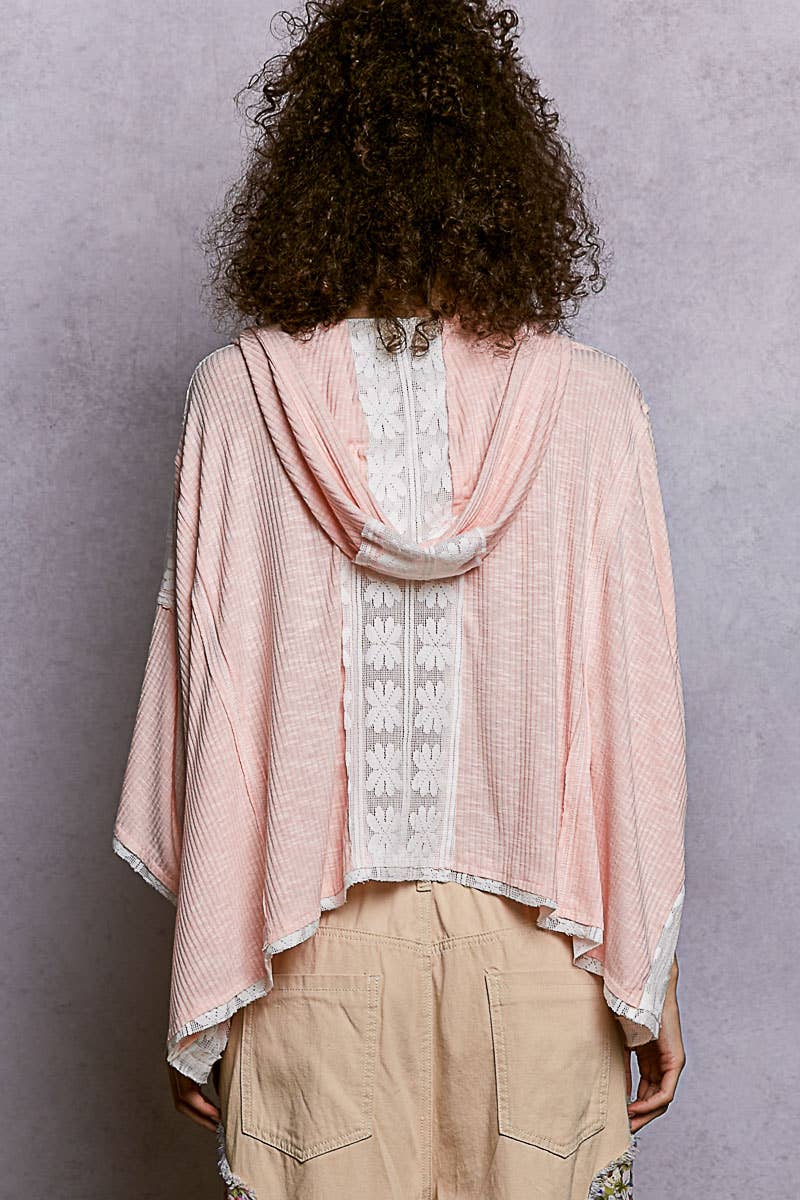 Lace Patch V-Neck Relaxed Fit Basic Airy Hoodie Top
