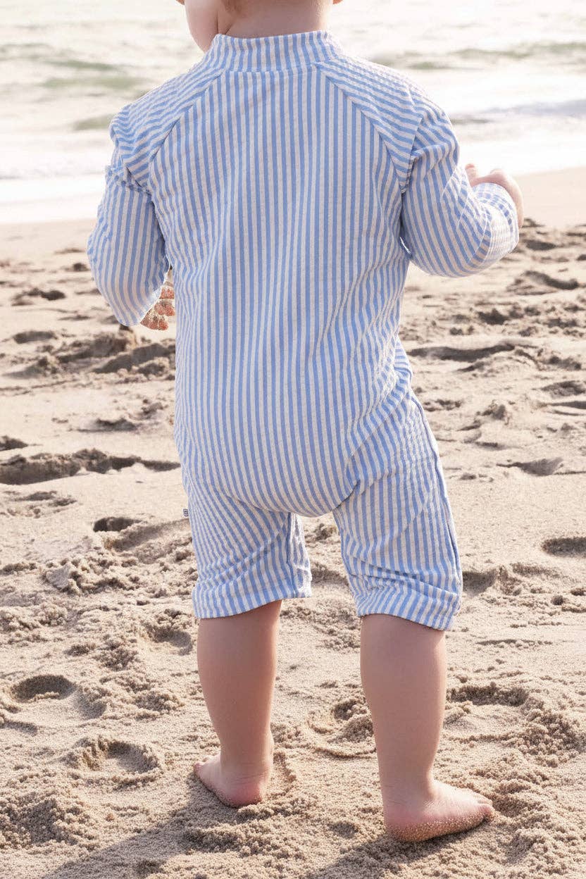 Long Sleeve Rash Guard Swim Romper Shortie | Seersucker Blue Wholesale