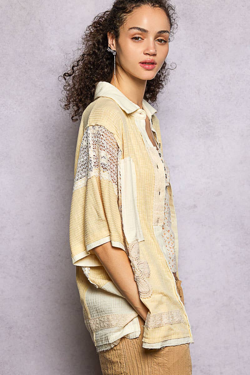 Collared Studded Button-down Short Sleeve Knit Shirt Top