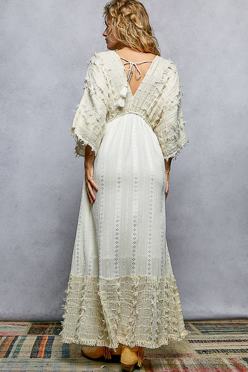 V-neck Metal Button Down Textured Linen Solid Maxi Dress