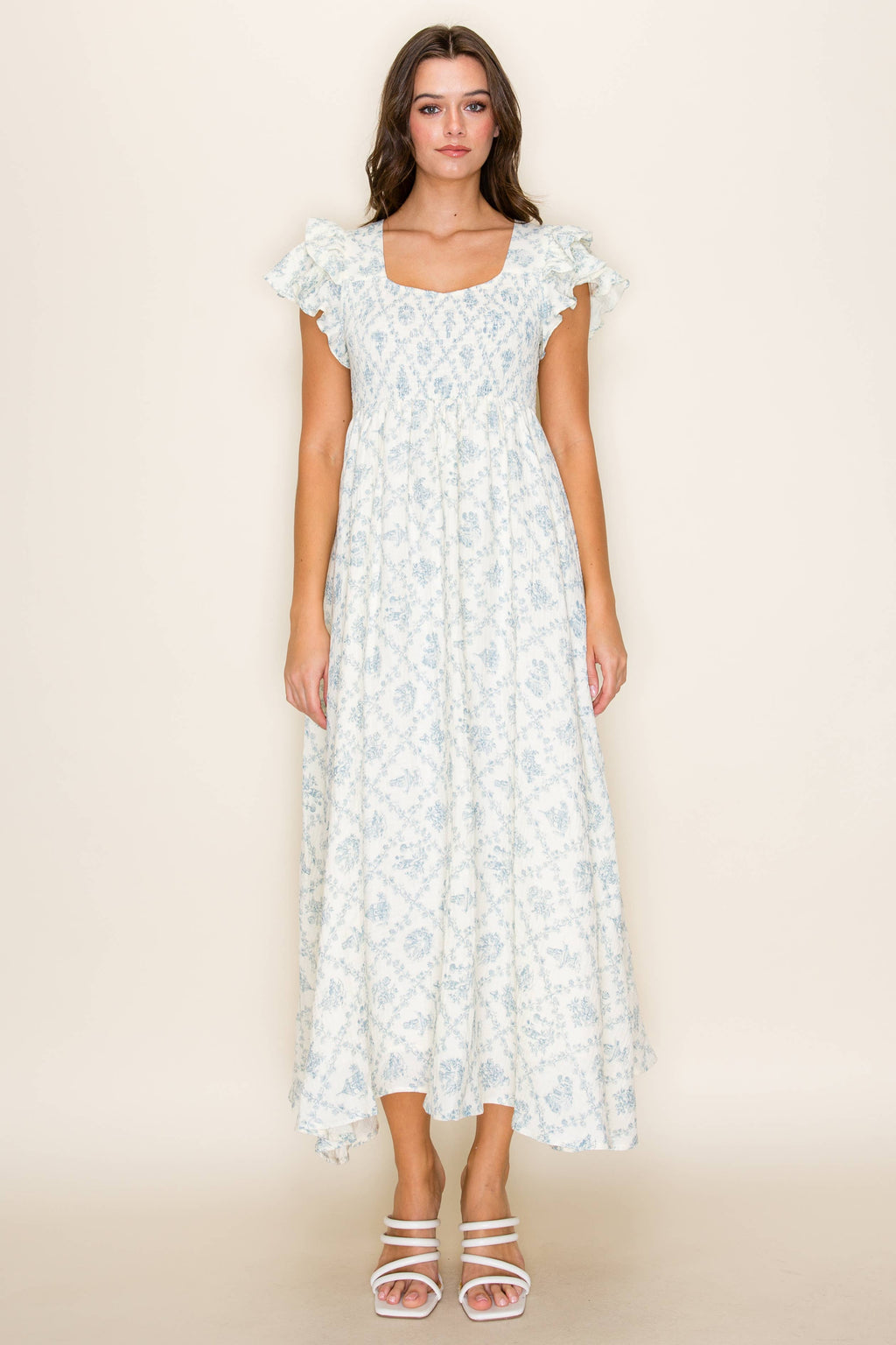 Porcelain Print Ruffle Maxi Midi Dress - BLUE
