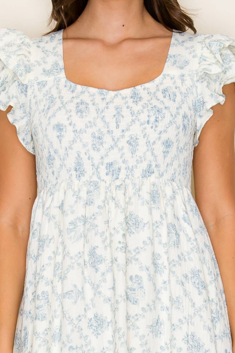 Porcelain Print Ruffle Maxi Midi Dress - BLUE