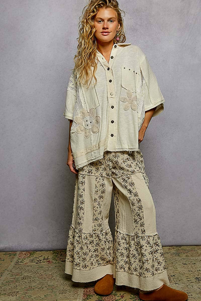 Collared Studded Button-down Short Sleeve Knit Shirt Top