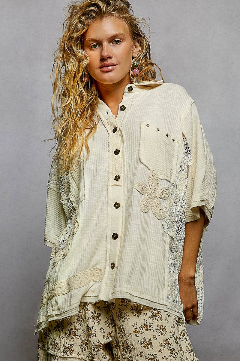 Collared Studded Button-down Short Sleeve Knit Shirt Top