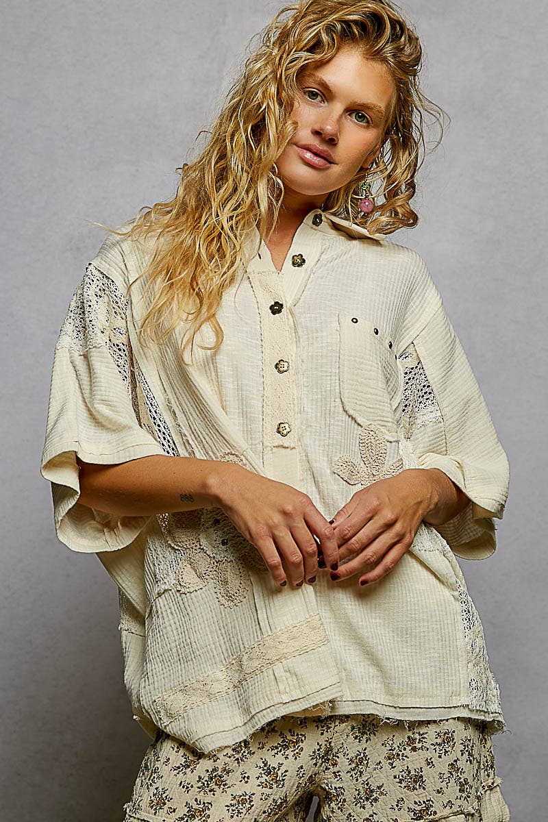 Collared Studded Button-down Short Sleeve Knit Shirt Top