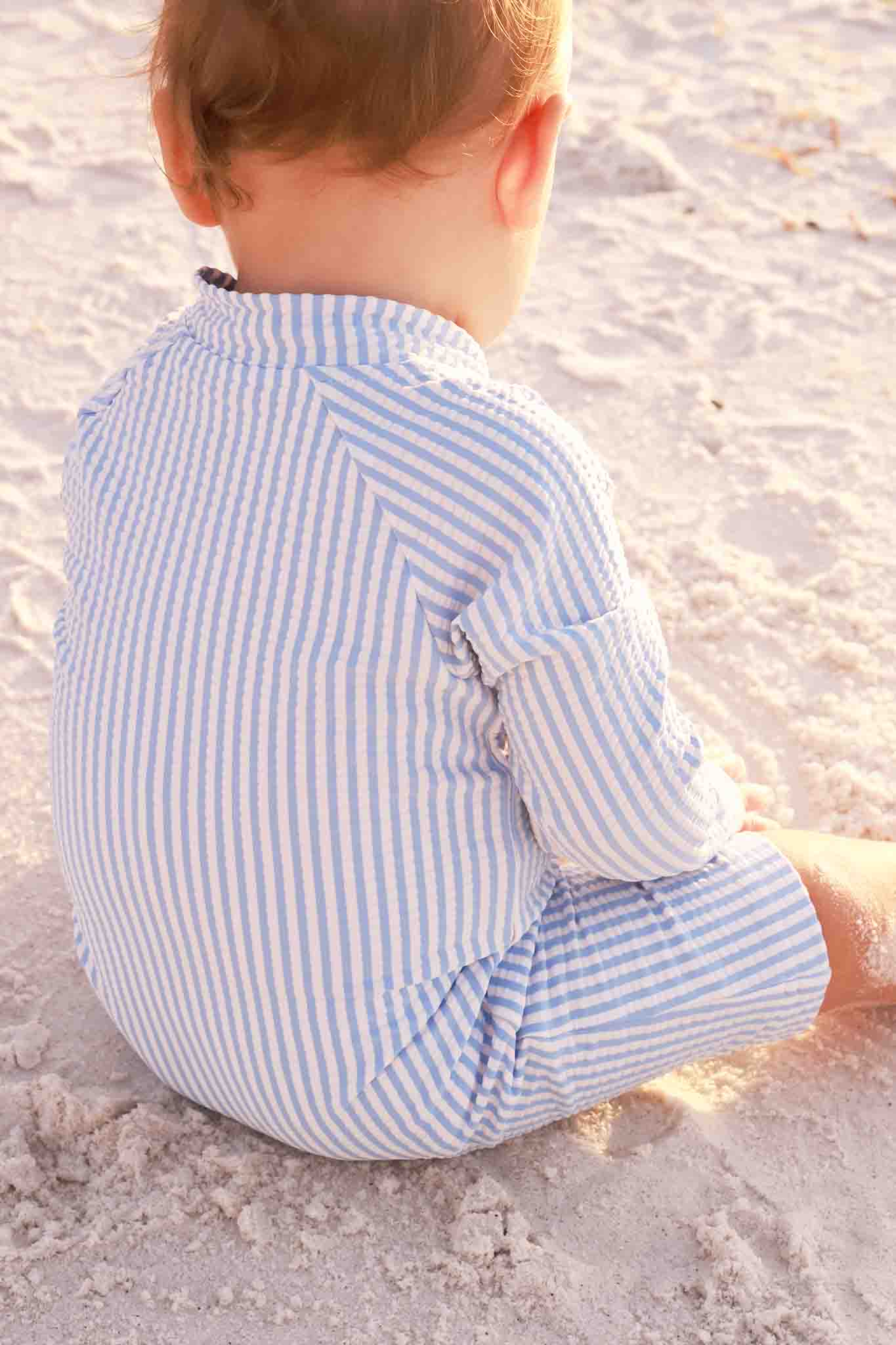 Long Sleeve Rash Guard Swim Romper Shortie | Seersucker Blue Wholesale