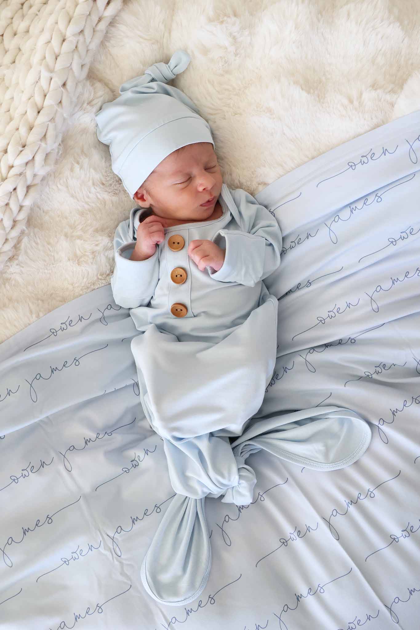 Baby Blue Newborn Baby Knot Gown & Hat Set