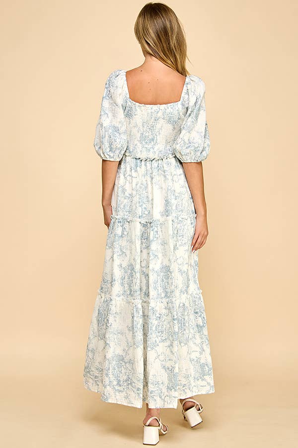 Hattie Puff Blue Vintage Print Tiered Maxi Dress