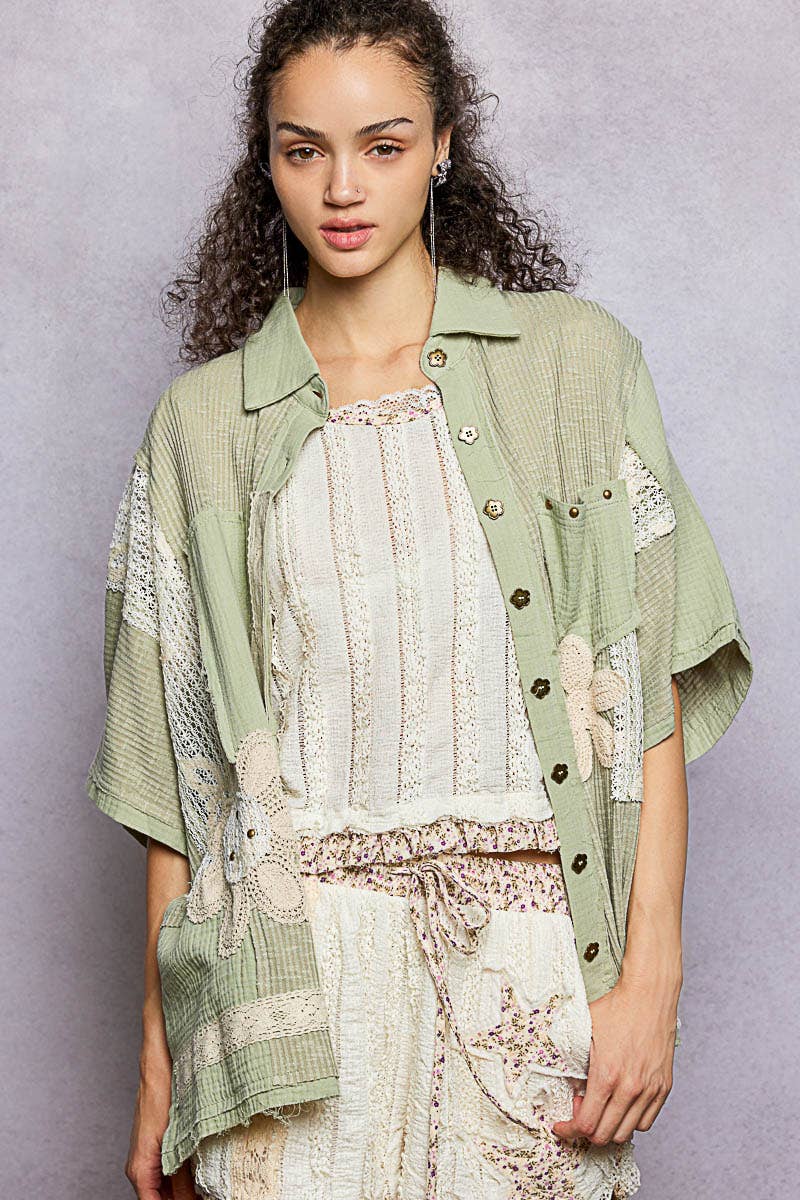 Collared Studded Button-down Short Sleeve Knit Shirt Top