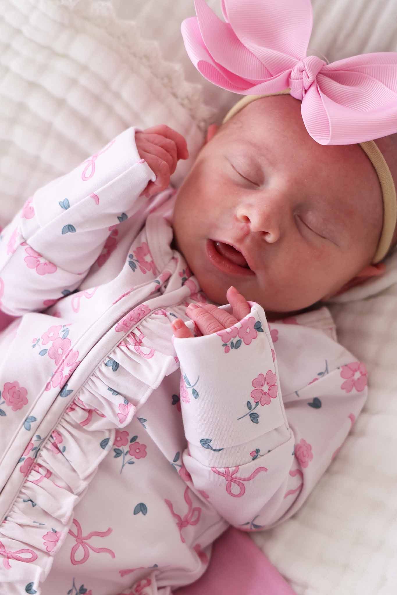 Ribbon & Roses Ruffle Zipper Footie | Pink