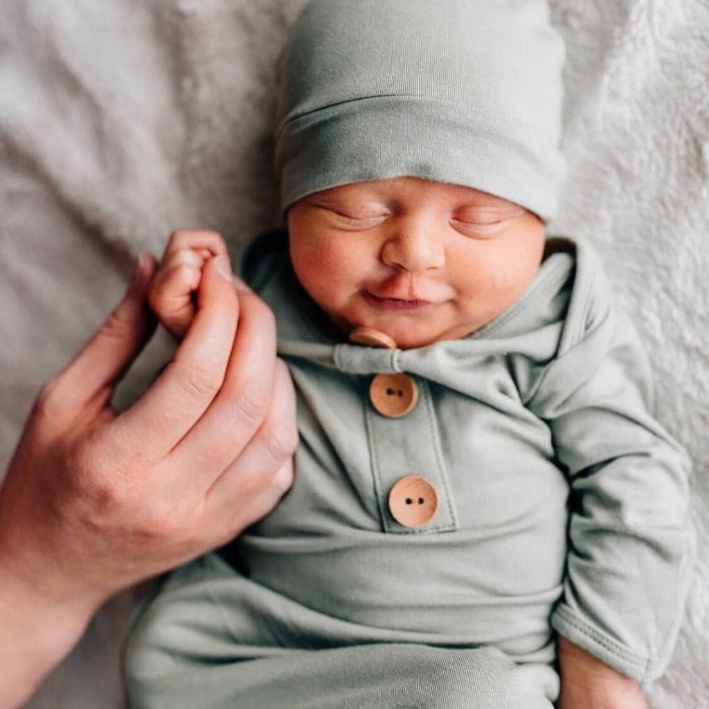Solid Moss Bamboo Baby Knot Gown & Hat
