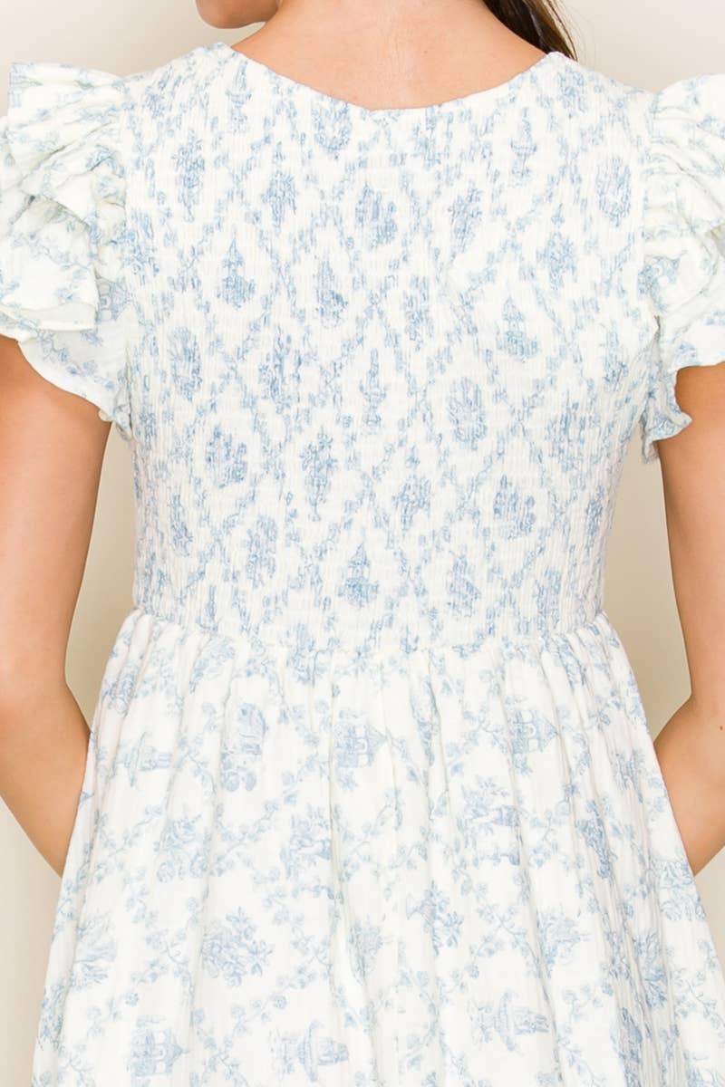 Porcelain Print Ruffle Maxi Midi Dress - BLUE