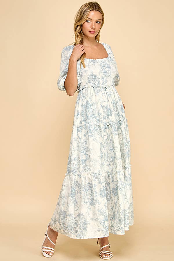 Hattie Puff Blue Vintage Print Tiered Maxi Dress