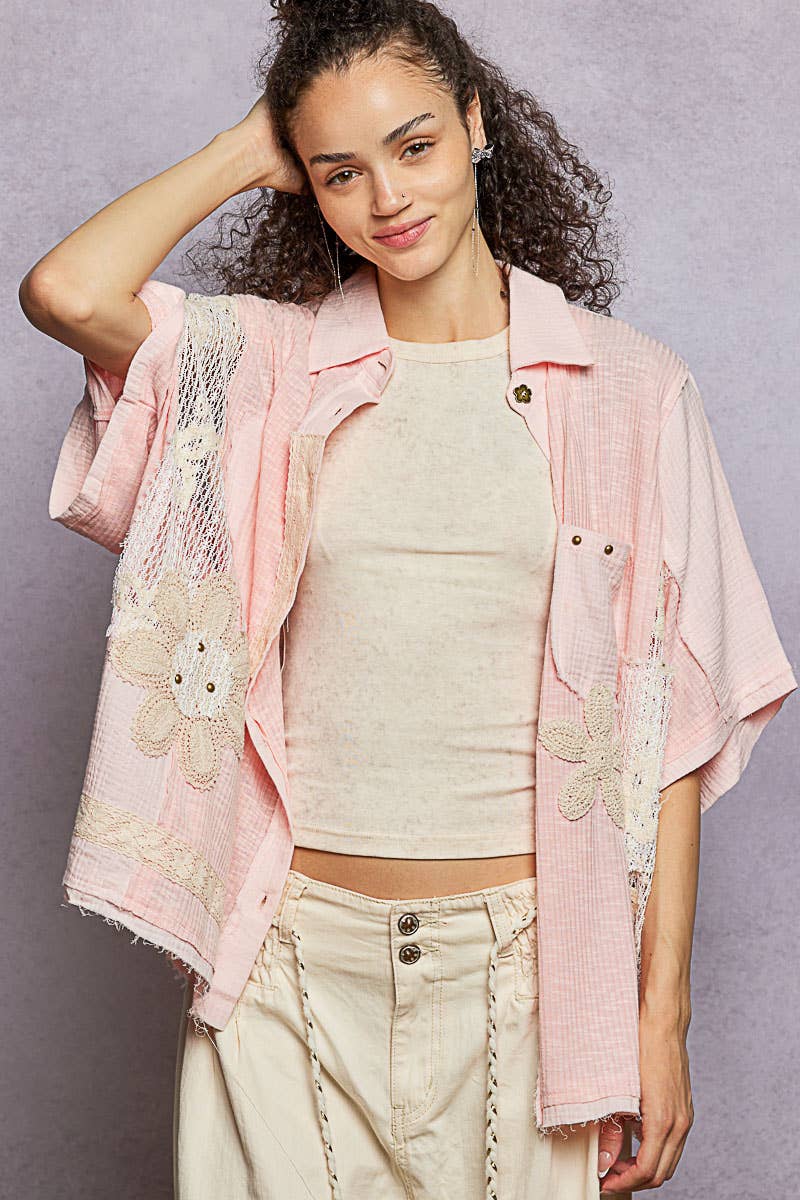 Collared Studded Button-down Short Sleeve Knit Shirt Top