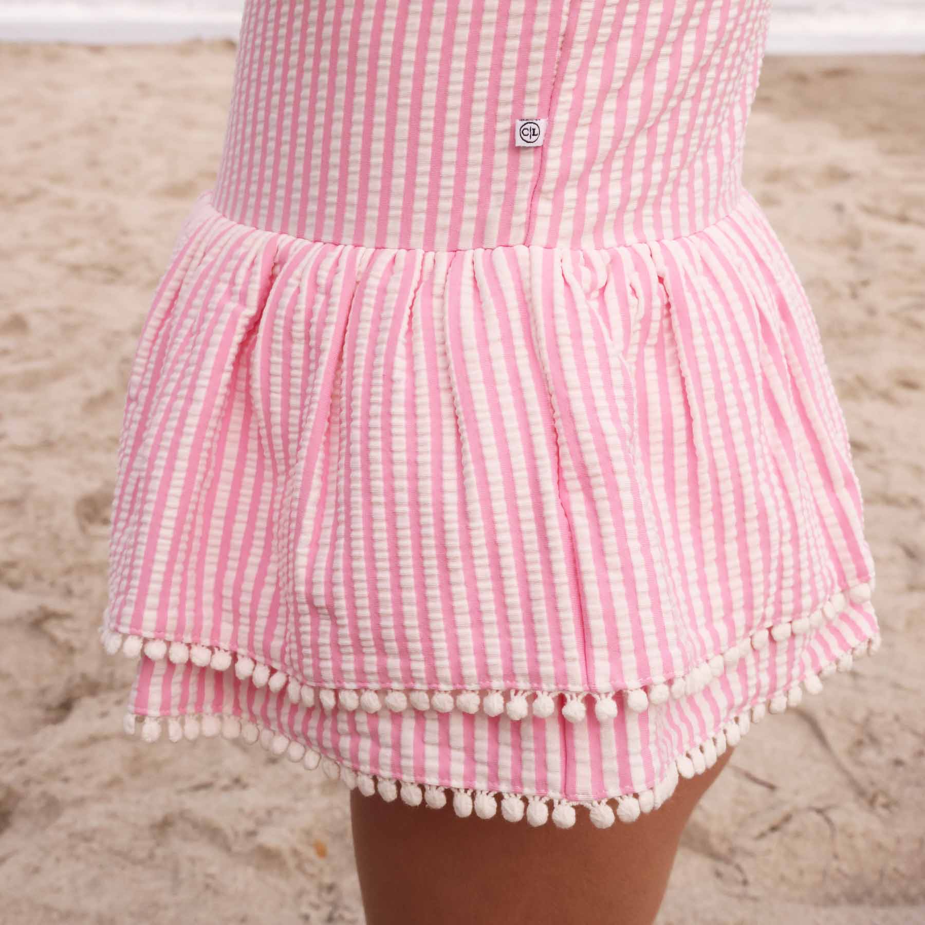 Tiered Skirt Swim with White Pom Trim
