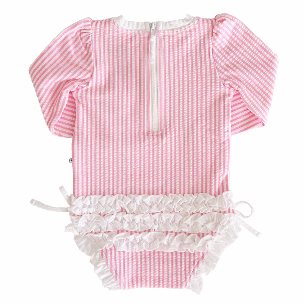 Long Sleeve Rash Guard With Ruffle Bottom | Seersucker Dusty Pink