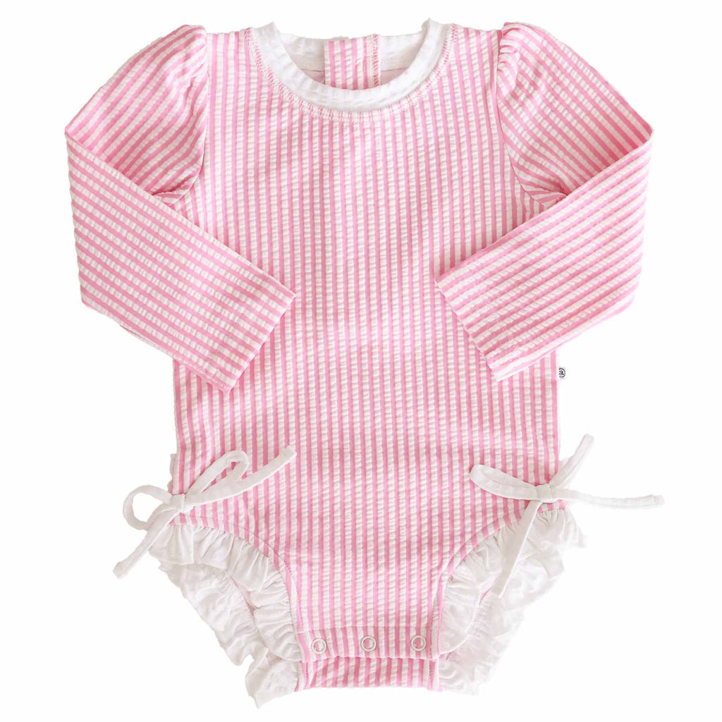 Long Sleeve Rash Guard With Ruffle Bottom | Seersucker Dusty Pink