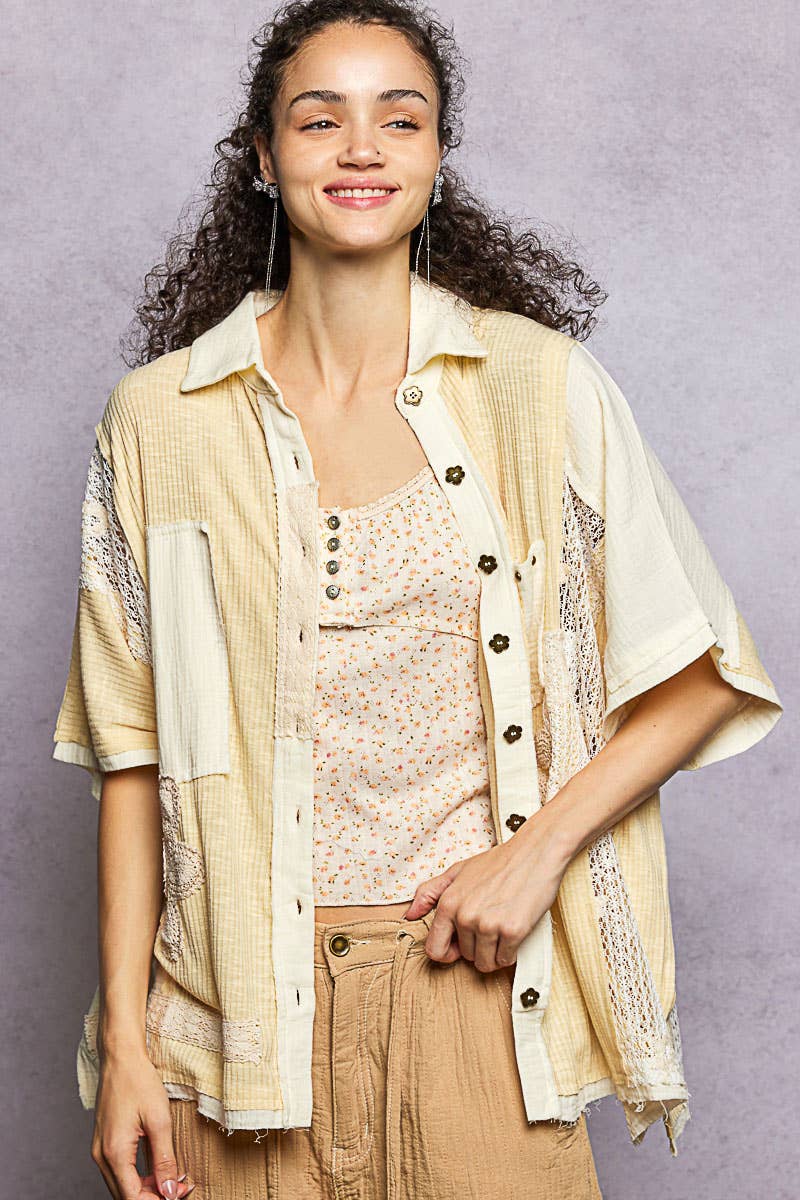 Collared Studded Button-down Short Sleeve Knit Shirt Top